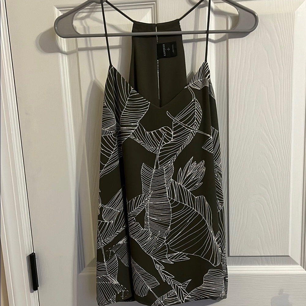 Express Olive Green and White Leaf Print Tank Top